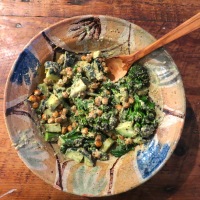 Roasted Chickpea, Cucumber and Purple Sprouting Broccoli Salad